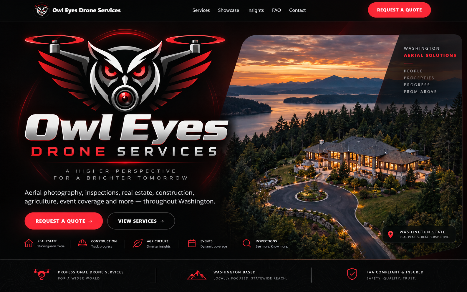 Owl Eyes Drone Services owl and drone emblem beside a Washington waterfront property at sunset
